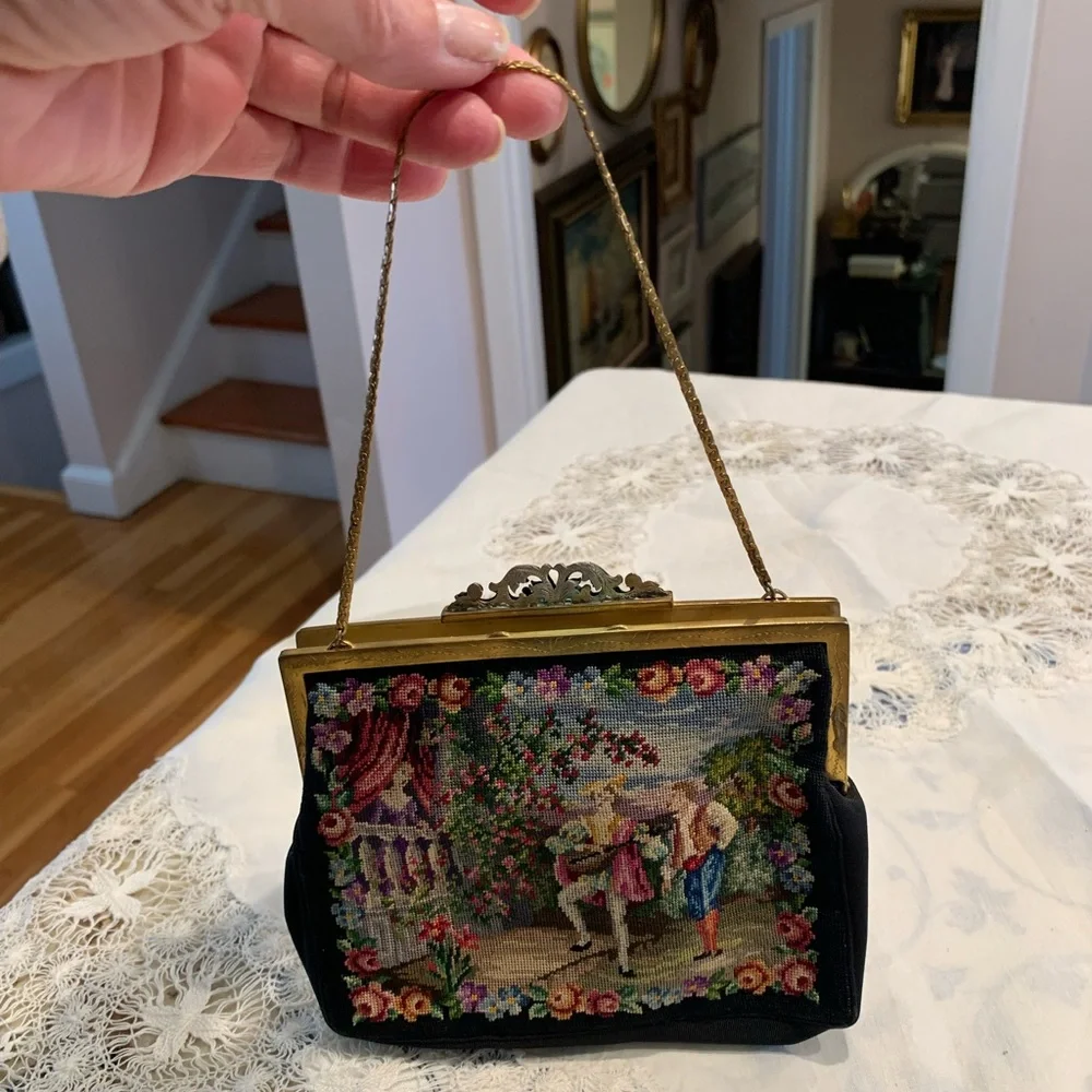 Antique Victorian petit point needlepoint brass Evening Purse